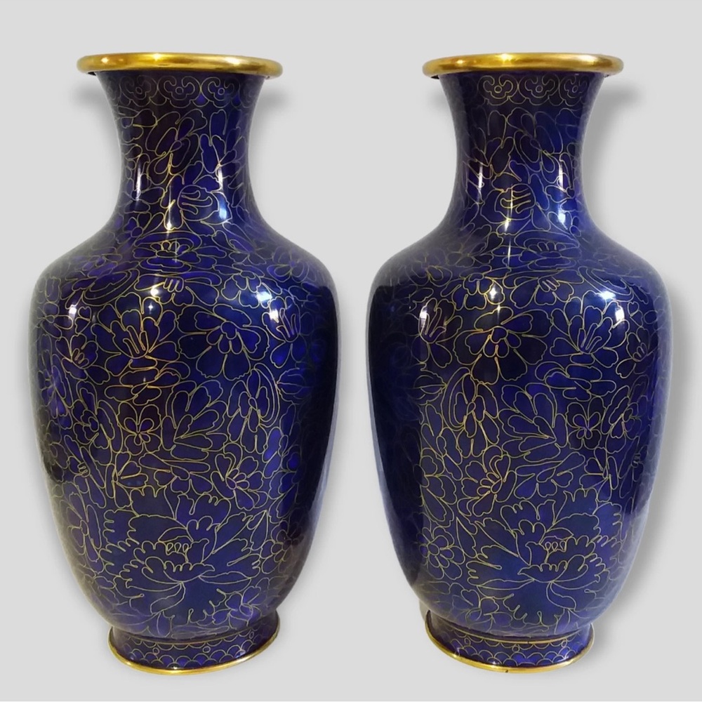 Vtg Asian cloisonné cobalt navy blue champleve enamel vases 10 1/4 in tall Pair - Picture 8 of 12